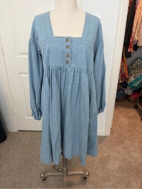 Anthropologie Light Blue Denim Square-Neck Babydoll Dress